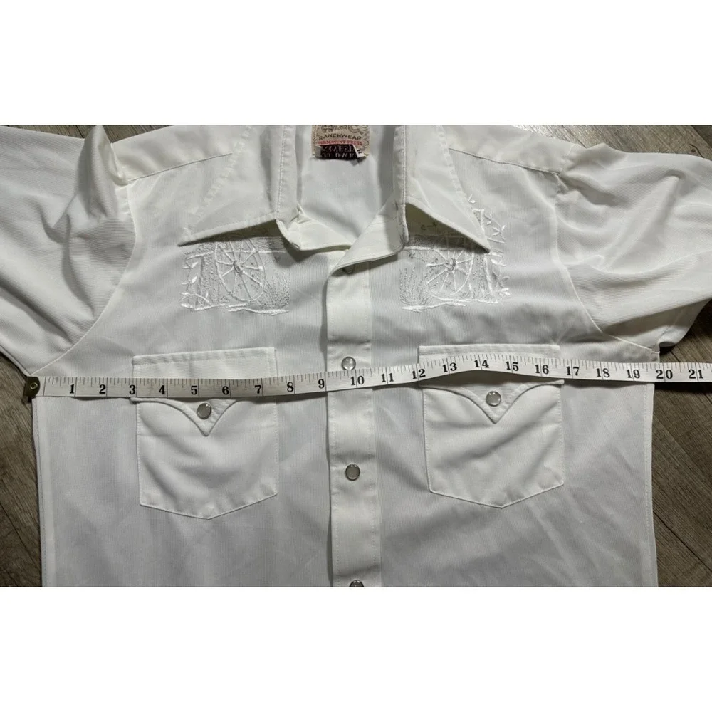 Vtg H BAR C Western Shirt Mens Wagon Wheel Pearl Snap Permanent Press‎ White
